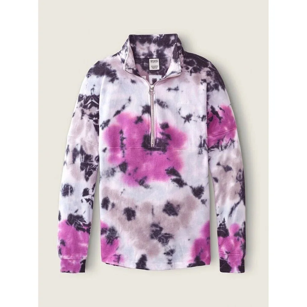 VS VICTORIAS SECRET PINK VARSITY HALF ZIP PULLOVER SWEATER JACKET TOP TIE DYE XS